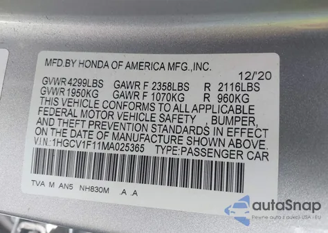 2021 Honda Accord Lx из США, поврежденный, VIN 1HGCV1F11MA025365